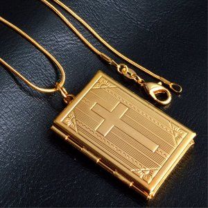 Gold Cross Bible Christian Locket Necklace - Jesus Crucifix,‎ Church, Christ